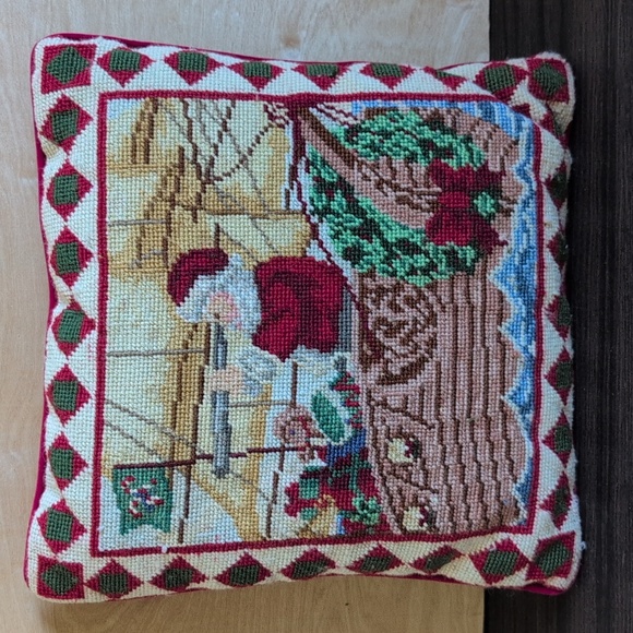 Festive Santa Needlepoint Pillow Christmas Throw Pillow